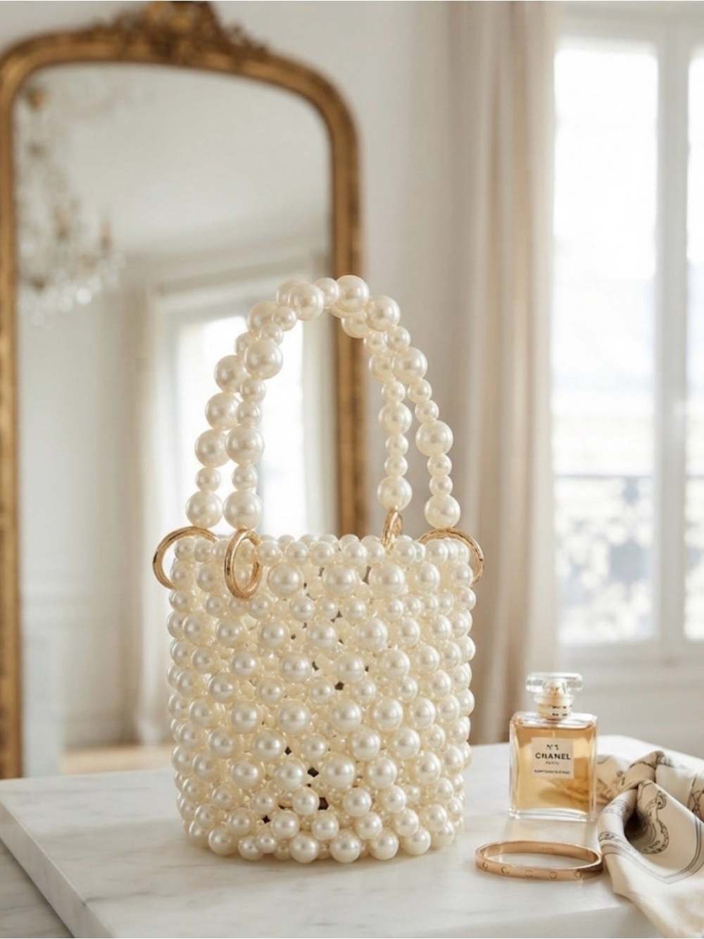 Pearl Beaded Bucket Bag, Vintage Style Statement Purse, Wedding Guest Bag